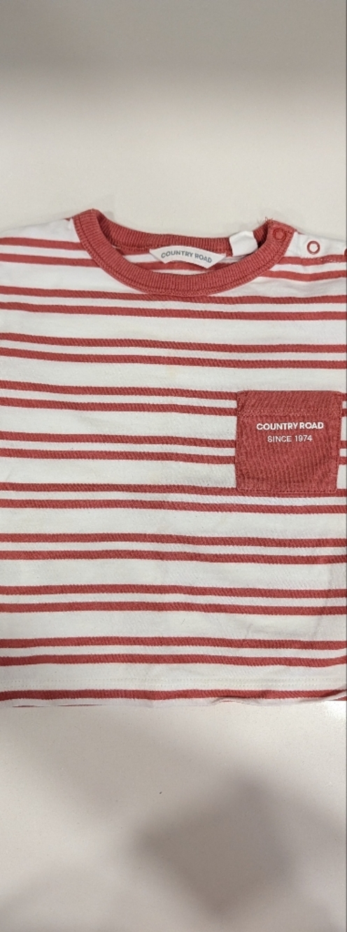 Country Road White Tee with Red Stripes and Chest Patch